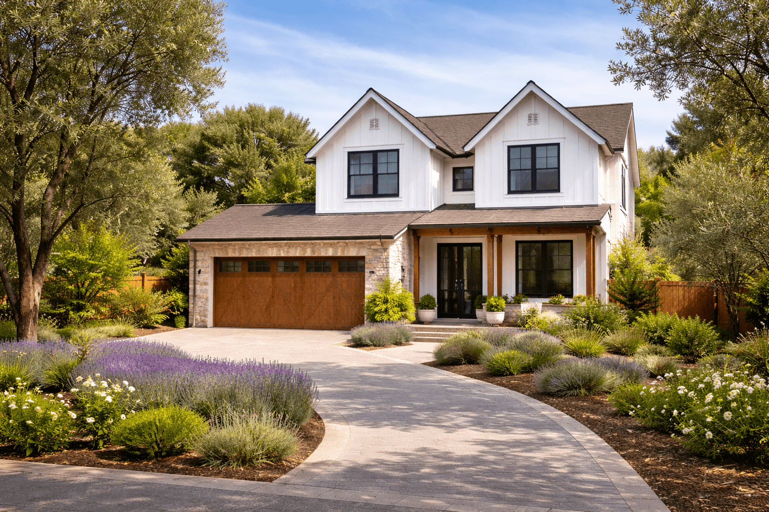 Beautiful modern farmhouse with landscaped garden